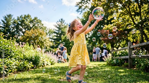 Young girl playing with bubbles outdoors.