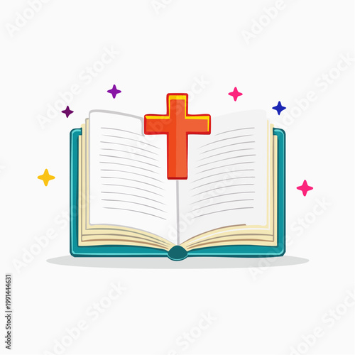 Open Bible with Christian Cross and Stars