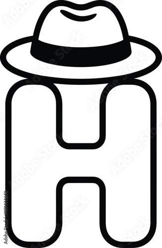 Letter h with a fedora hat, minimalist black and white