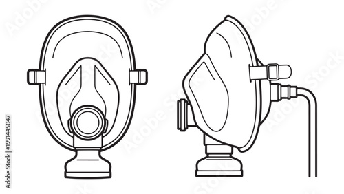 Detailed black and white line art illustration of a protective gas mask or respirator, front and side views, essential safety equipment for industrial, medical, and emergency.