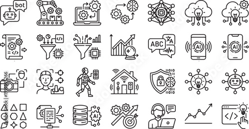 Artificial Intelligence and Automation Icon Set with Machine Learning, Robotics, Data Processing, Neural Network and Smart Technology Outline Vector Collection