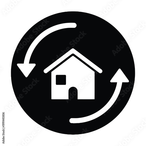 House with circular arrows symbolizing home exchange or relocation