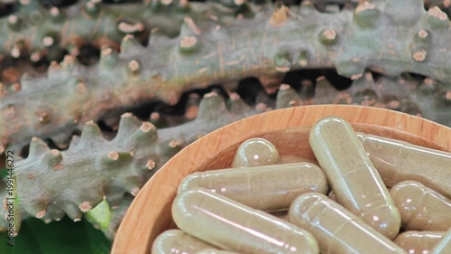 Heart leaved moonseed, Tinospora cordifolia. Thai herb capsules.