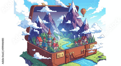 Fantasy travel adventure landscape illustration within an open suitcase, a vibrant dream world concept ready for vector icon sheet and various icons in a high-quality vector sheet collection
