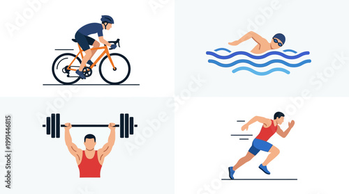 A versatile flat design vector illustration set featuring minimalist 2D icons for cycling, swimming, weightlifting, and running, perfect for sports categories or event schedules. 
