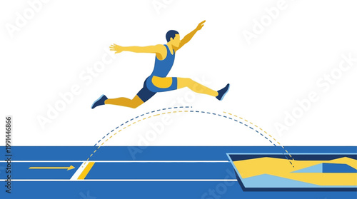 A vibrant flat design vector illustration capturing a long jumper in mid-air, symbolizing the peak of athletic performance in track and field.