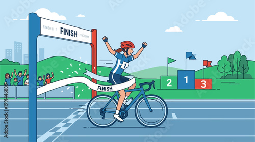 A compelling flat design vector illustration depicting a victorious cyclist crossing the finish line, with a subtle winner's podium in the background, symbolizing the culmination of a race.