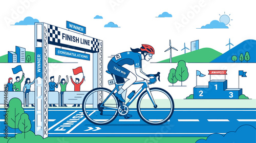 A compelling flat design vector illustration depicting a victorious cyclist crossing the finish line, with a subtle winner's podium in the background, symbolizing the culmination of a race.