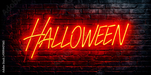 Orange Neon Halloween Script Sign Glowing on Dark Rustic Brick Wall