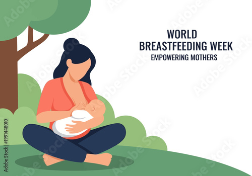 World Breastfeeding Week Illustration of a Mother Breastfeeding her Baby Outdoors, Empowering Mothers Vector Graphic