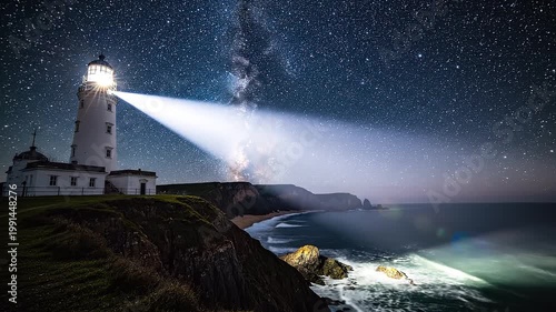 A bright beam of light from the lighthouse rotates over the coast. Starry sky