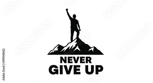 Silhouette of a man triumphantly standing on a mountain peak