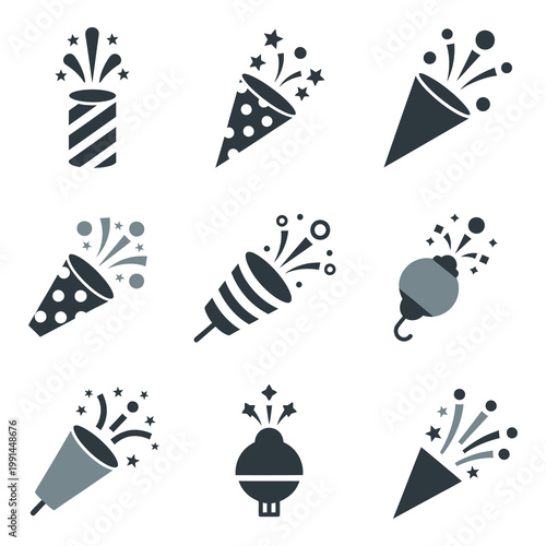 Party popper icons with confetti and stars on white background icon