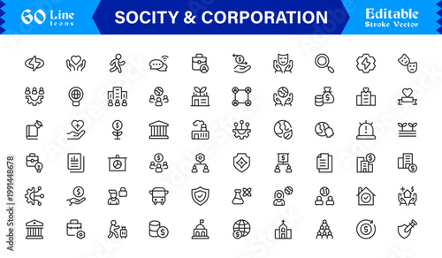 Society and Corporation Professional Line Icon Set – Modern, Minimal, and Editable Business Symbols for Corporate, Office, and Social Concepts