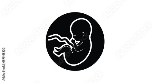 A white outline of a fetus inside a black circular shape