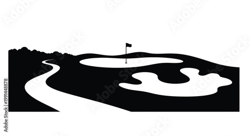 Black and white illustration depicting a golf course with a sand trap