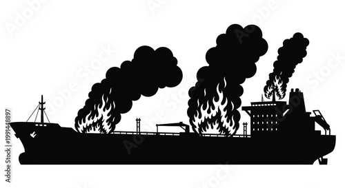 A black silhouette of a ship engulfed in large flames and smoke