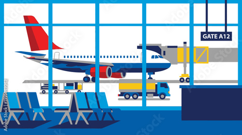 Photos Airplane at airport gate with luggage cart.