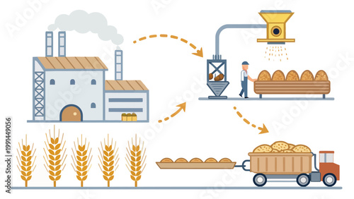 An illustration depicting the process of harvesting and processing wheat into bread products in a factory