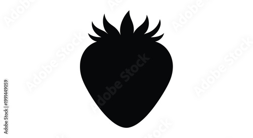 Simple black silhouette of a ripe strawberry with leafy green top