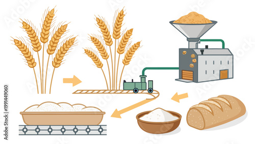 An illustration showing the process of harvesting wheat and turning it into bread