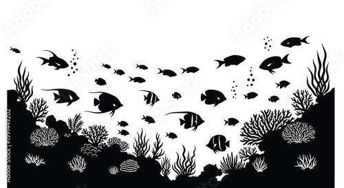 Black and white illustration of a vibrant underwater scene with fish