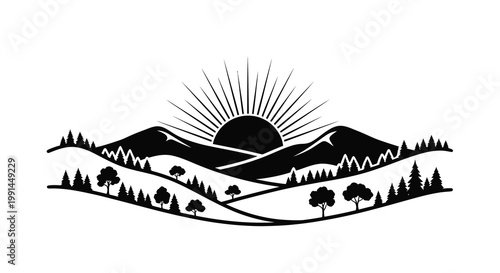 Black and white illustration of mountains trees and a rising sun