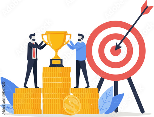 Two business partners standing on gold coins holding a trophy together after successfully hitting their professional financial growth target goal