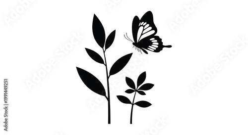 A delicate butterfly gracefully flies near stylized leaves in black silhouette
