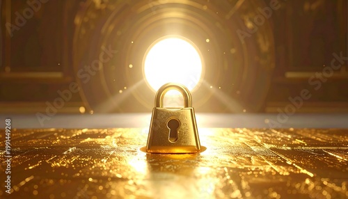 A golden padlock sits before a bright, circular light source, hinting at security. The floor and background are embellished with intricate golden details