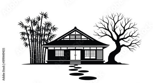 Traditional japanese house with bamboo and a bare tree in monochrome