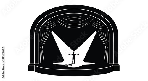 A solitary figure stands center stage bathed in a dramatic spotlight