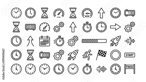 Hand drawn icons representing time speed project management with stopwatch speedometer calendar schedule planning progress objective measurement interval workflow management development