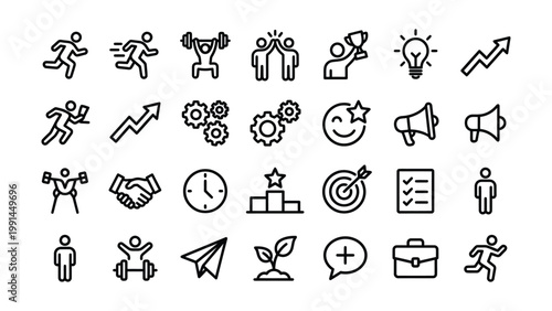 Collection of icons depicting business success motivation with business motivation achievement strategy progress development teamwork collaboration partnership handshake champion lightbulb