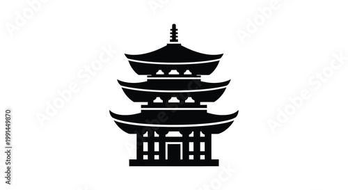 A black silhouette of a traditional asian pagoda with multiple tiers