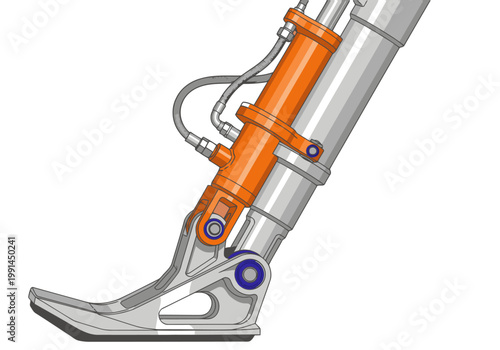 Detailed illustration of a hydraulic landing gear blueprint. Modern, technical design with orange accents. Ideal for engineering, machinery, and industrial concepts.