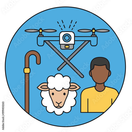 A digital shepherd drone monitors sheep with a human operator. Modern icon featuring a drone, shepherd's crook, and sheep. Clean, blue design.