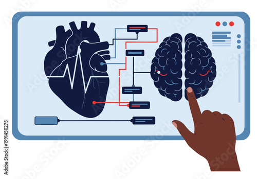 A digital tablet displays a synchronized brain and heart monitor. A hand interacts with the screen, showcasing advanced neuro-monitoring technology. Modern, futuristic design.