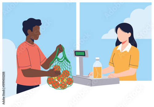 A diverse shopper uses a reusable bag at checkout. Clean, bright, and modern illustration depicting a sustainable lifestyle. Focus on the transaction and reusable bag.