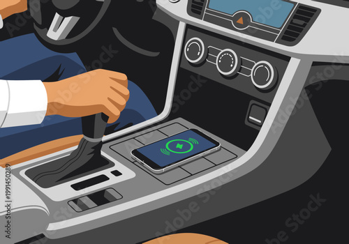 Driver uses wireless charging console. Modern car interior features a smartphone charging pad. Clean, bright, and focused on technology. Ideal for automotive and tech visuals.