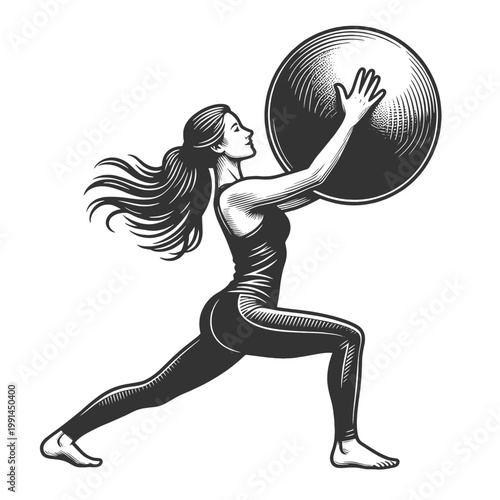 woman performing a lunge exercise with a fitness ball, representing strength training, balance, and healthy lifestyle sketch engraving generative ai vector illustration. Scratch board. Black and white