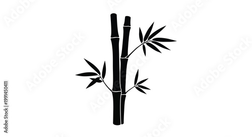 Minimalist black silhouette of bamboo stalks and leaves on white
