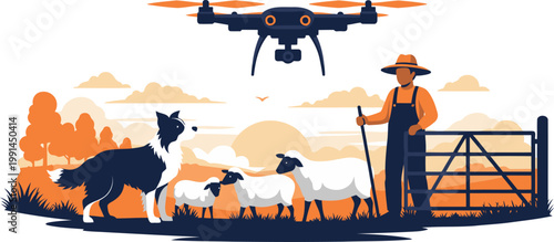 A farmer collaborates with a drone and herding dog to manage livestock. A rural scene with a bright, sunny backdrop. Modern agricultural technology.