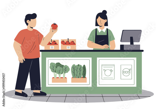 A friendly shopkeeper hands a customer a red apple at a sustainable produce counter. Modern, eco-conscious setting. Bright, inviting, and commercially viable.