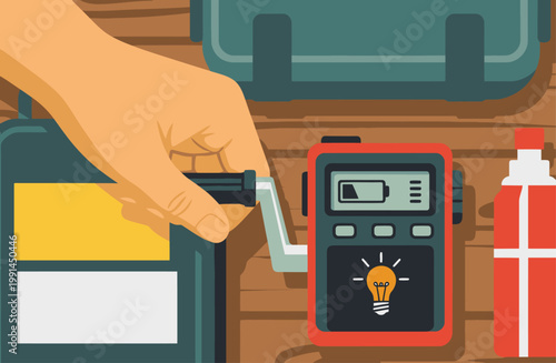 hand cranks an emergency power device showcasing a compact modern power solution Bright colors and clear composition highlight its functionality