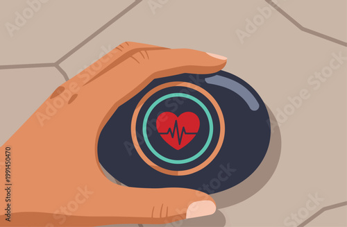 A hand holds a haptic pebble device with a heart rate monitor icon. Modern, tactile design. Focus on technology and wellness.