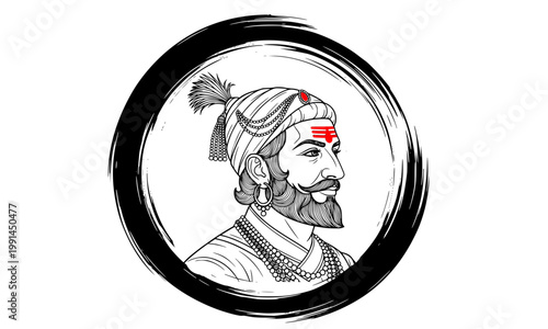 Chhatrapati Shivaji Maharaj Portrait Sketch in Black Enso Circle with Red Tilak — Maratha Warrior King Illustration for Print, Sticker, and Cultural Heritage Design