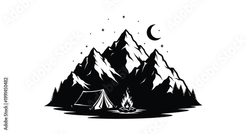 Silhouette of mountains campfire and tent under a crescent moon