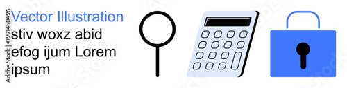 Cybersecurity, data privacy, online safety, secure finance, research tools, encryption. Magnifying glass, calculator and lock in a clean design. Cybersecurity and data privacy concepts