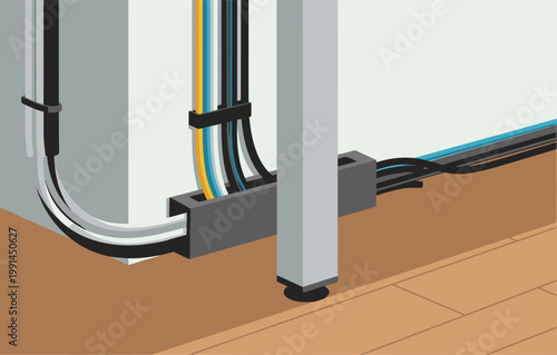 Organized cable management system tidies a desk, showcasing a clean and professional workspace. Modern design and clear visual appeal for business or tech settings.